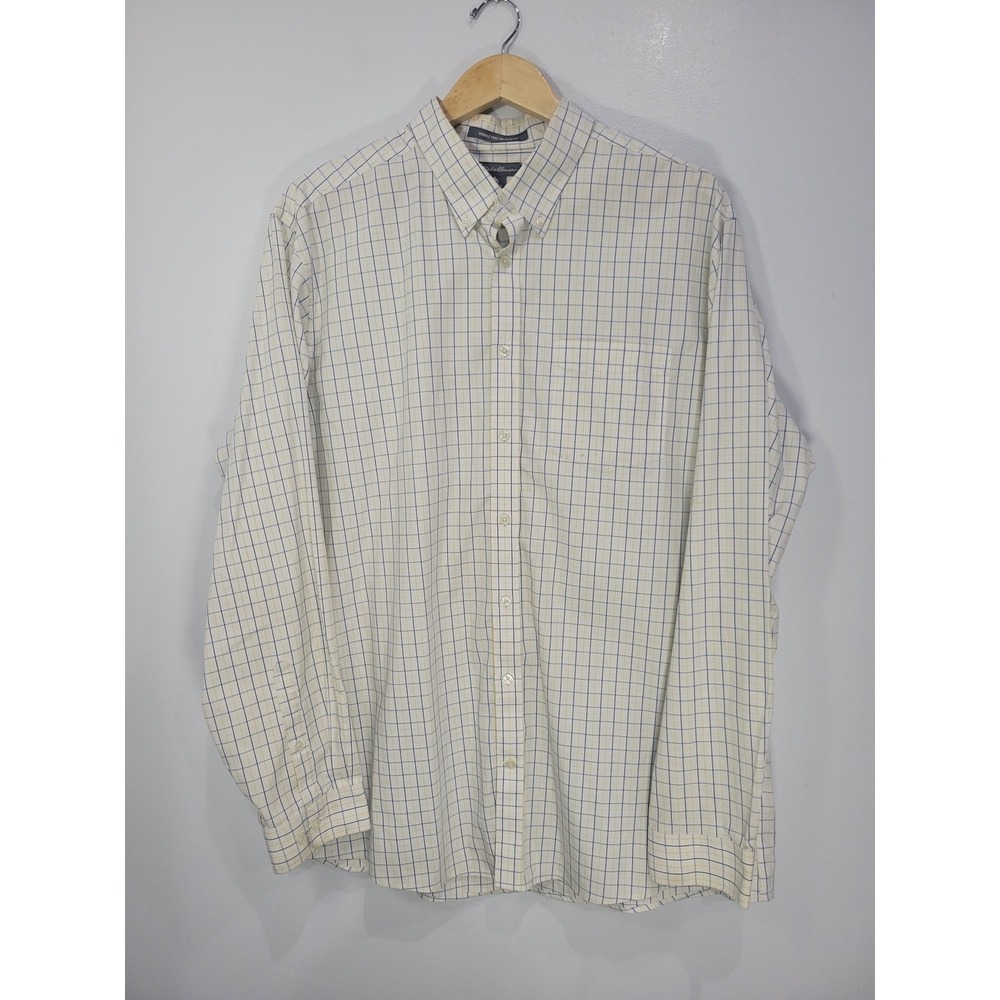 Eddie Bauer Men TXL Button Down Shirt Wrinkle Free Relaxed Fit Blue Yellow Check